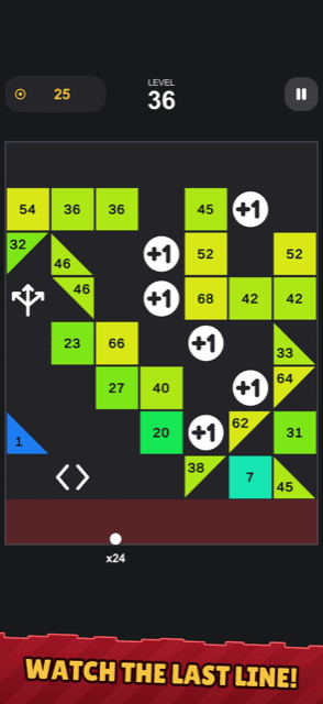 Bricks one row above the bottom line, with +1 ball and deflector pickups still on the board