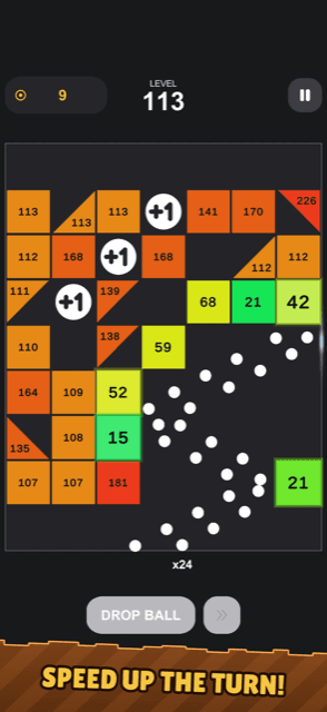 Level 113: the fast-forward button speeding up a turn of 24 balls