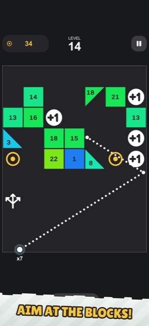 Dragging to aim: a dotted guide line shows where the first ball will go