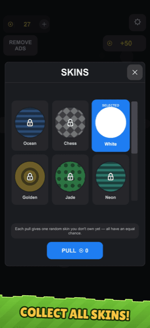 The Skins screen: a gacha that pulls one random skin you do not own yet, first pull free