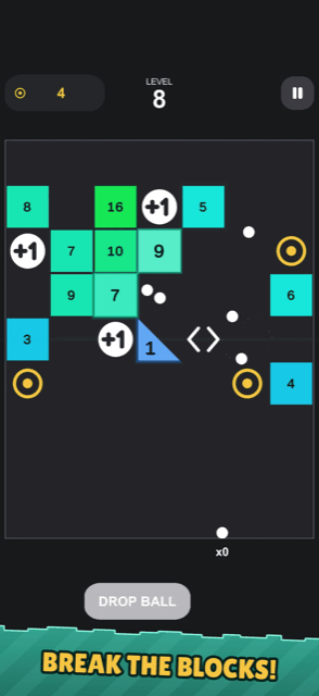 An early run: numbered bricks, +1 ball and gold pickups, and the Drop Ball button