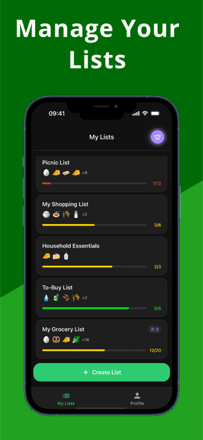 Managing several shopping lists side by side on the home screen